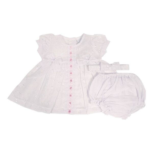 Nursery Time Baby Dress with Bows, Lace and Embroidery - White