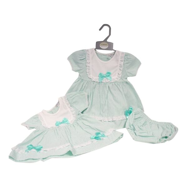 My Little Chick Baby Girls 2 Piece Dress Set with Lace and Bow - Sage Striped