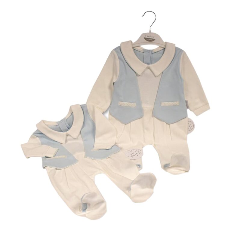 Just For Me Baby Boys All in One with Faux Waistcoat - White/Sky